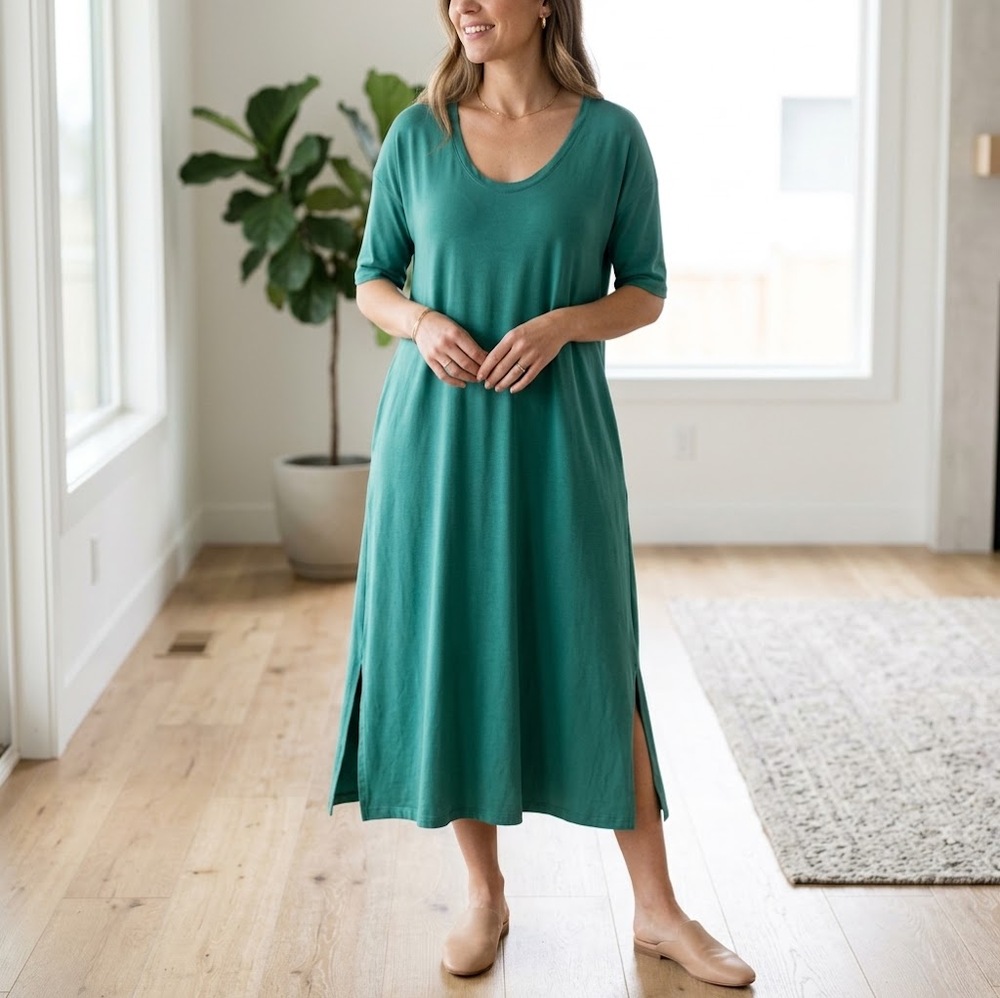 Natural Life All Day Tee Dress XL Teal Green Cotton Maxi Side Slit Boho
